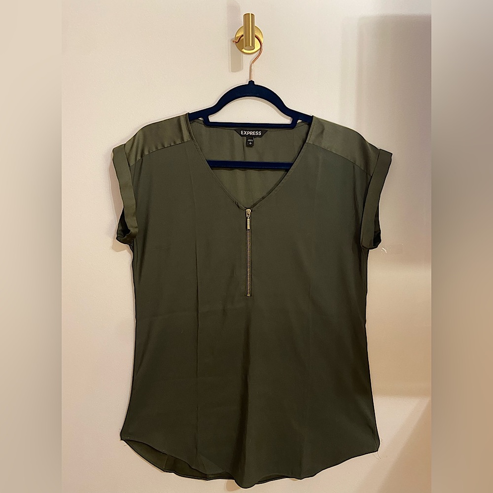 Express Women’s Olive Green Gold Zip-front Gramercy Top Small